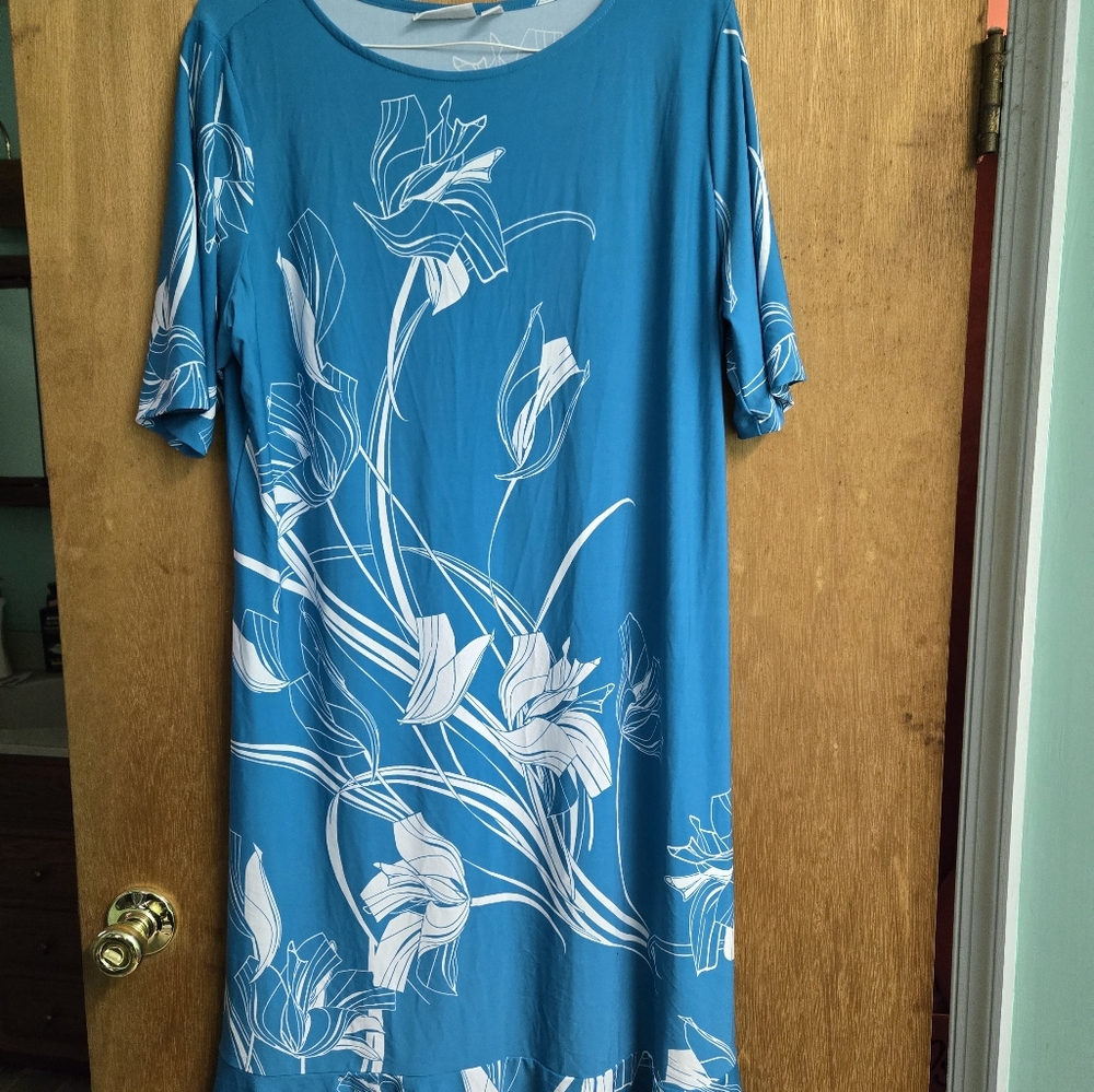 Turquoise Susan Graver liquid knit dress with flounce